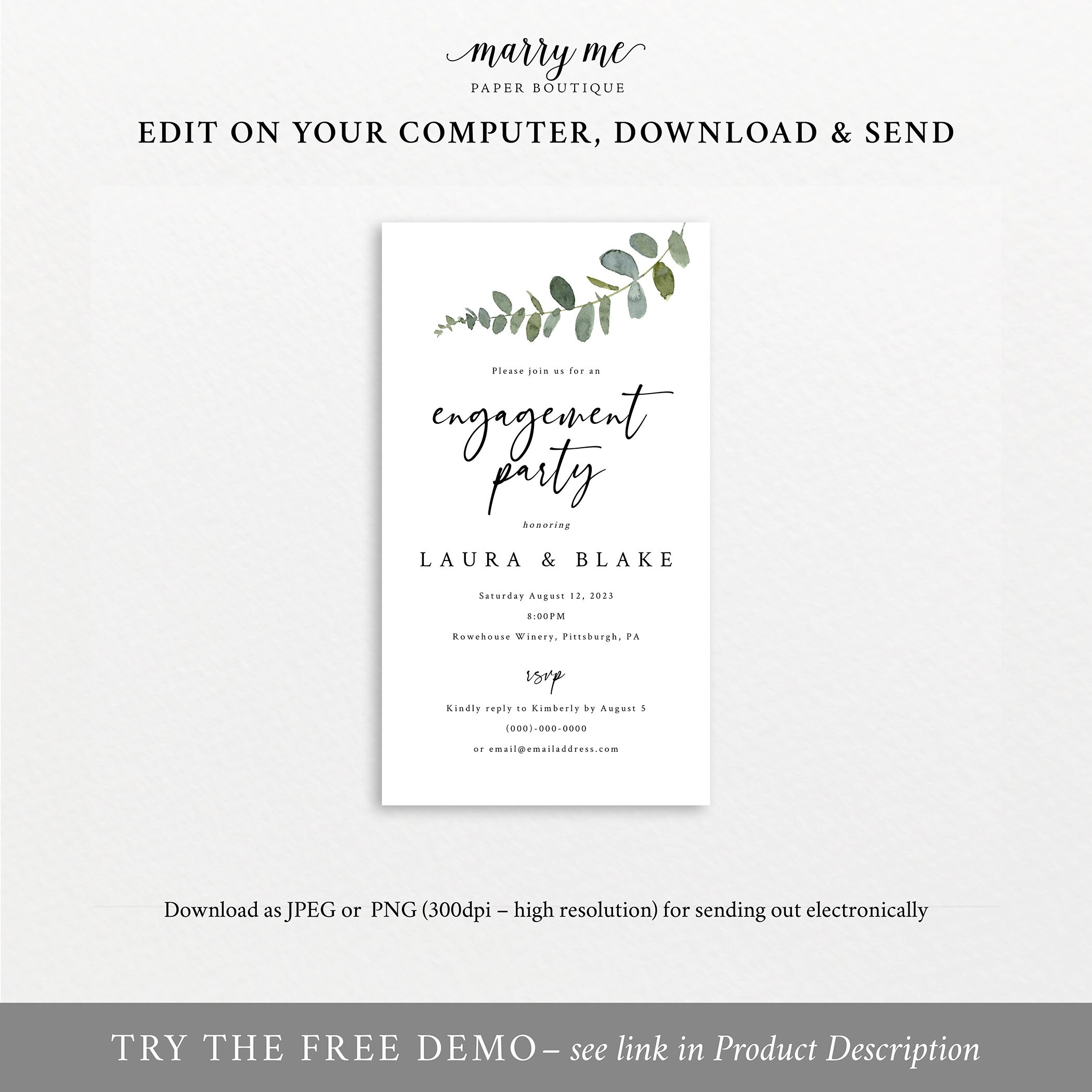 Digital Engagement Party Invitation Template, Elegant Eucalyptus