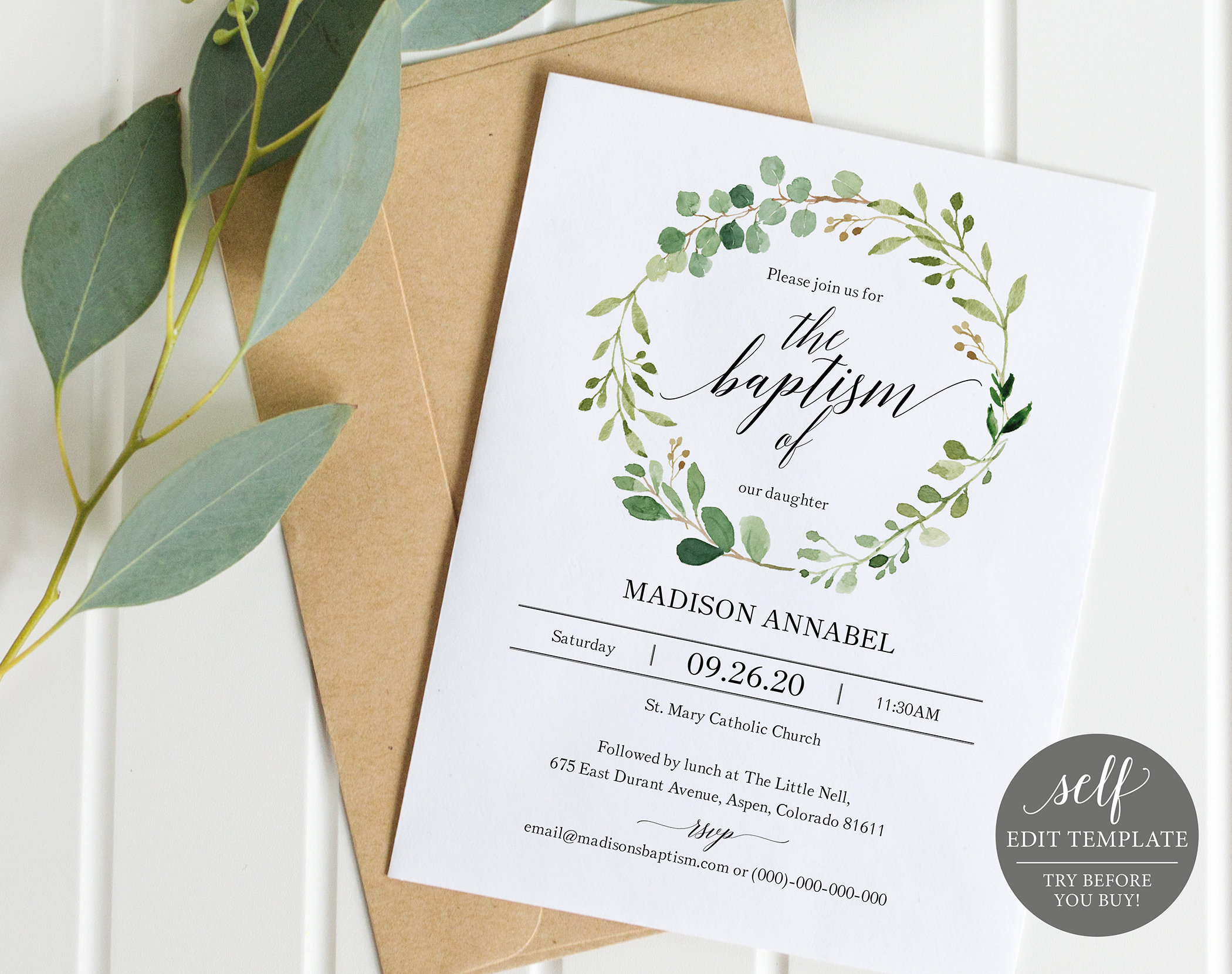 Greenery Baptism Invitation Template Printable Baptism  Etsy Within Blank Christening Invitation Templates