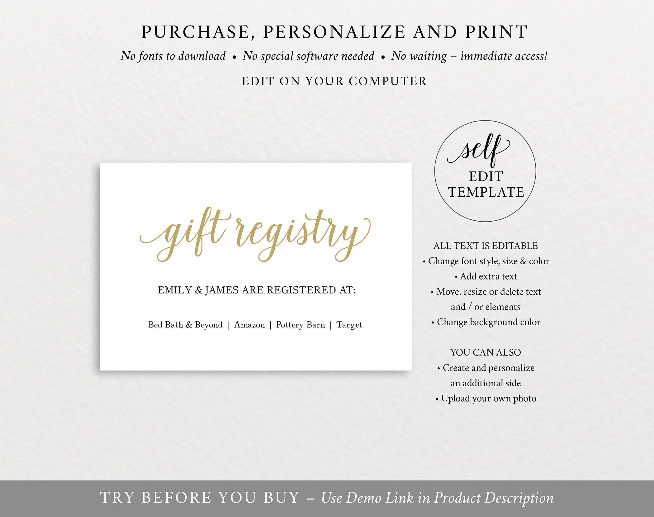 Gift Registry Card Template, Modern Script Gold, Editable &amp; Printable Instant Download, Templett