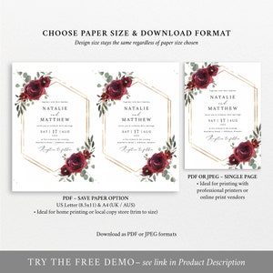 Wedding Invitation Template Set, Elegant Burgundy Floral, Editable Invitation Suite Printable, RSVP, Details Card, Templett INSTANT Download image 5