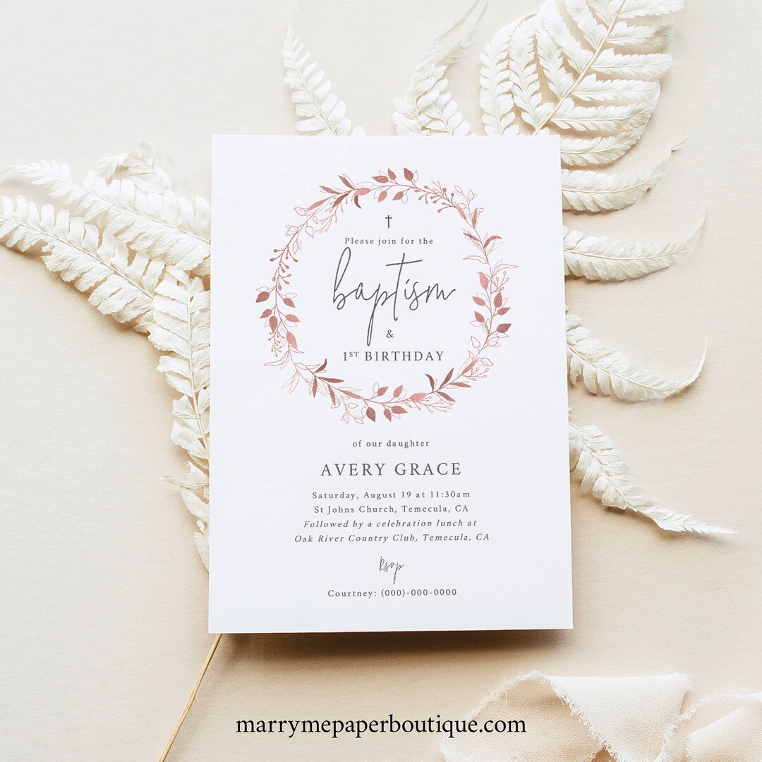 Baptism & First Birthday Invitation Template, Pink Wreath, Baptism and