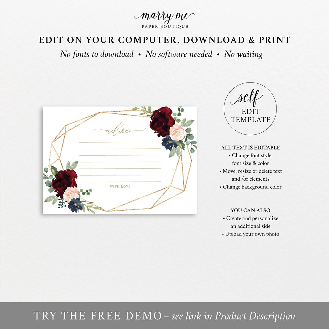 Advice Card Template Editable &amp; Printable Instant Download | Etsy