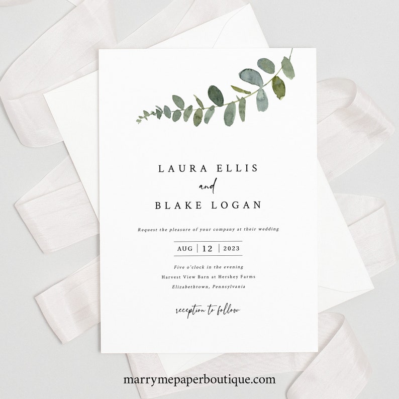 Eucalyptus Wedding Invitation Template Set, Try Before Purchase, Greenery Wedding Invites Printable, Templett Instant Download image 3