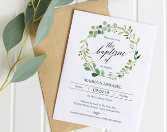 Greenery Baptism Invitation Template, Printable Baptism Invite, Printable Christening Invitation Template, PDF Instant Download MM07-1