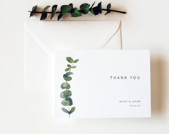 Thank You Card Template, Folded, Elegant Eucalyptus, Greenery Thank You Card, Printable, Editable, Templett INSTANT Download