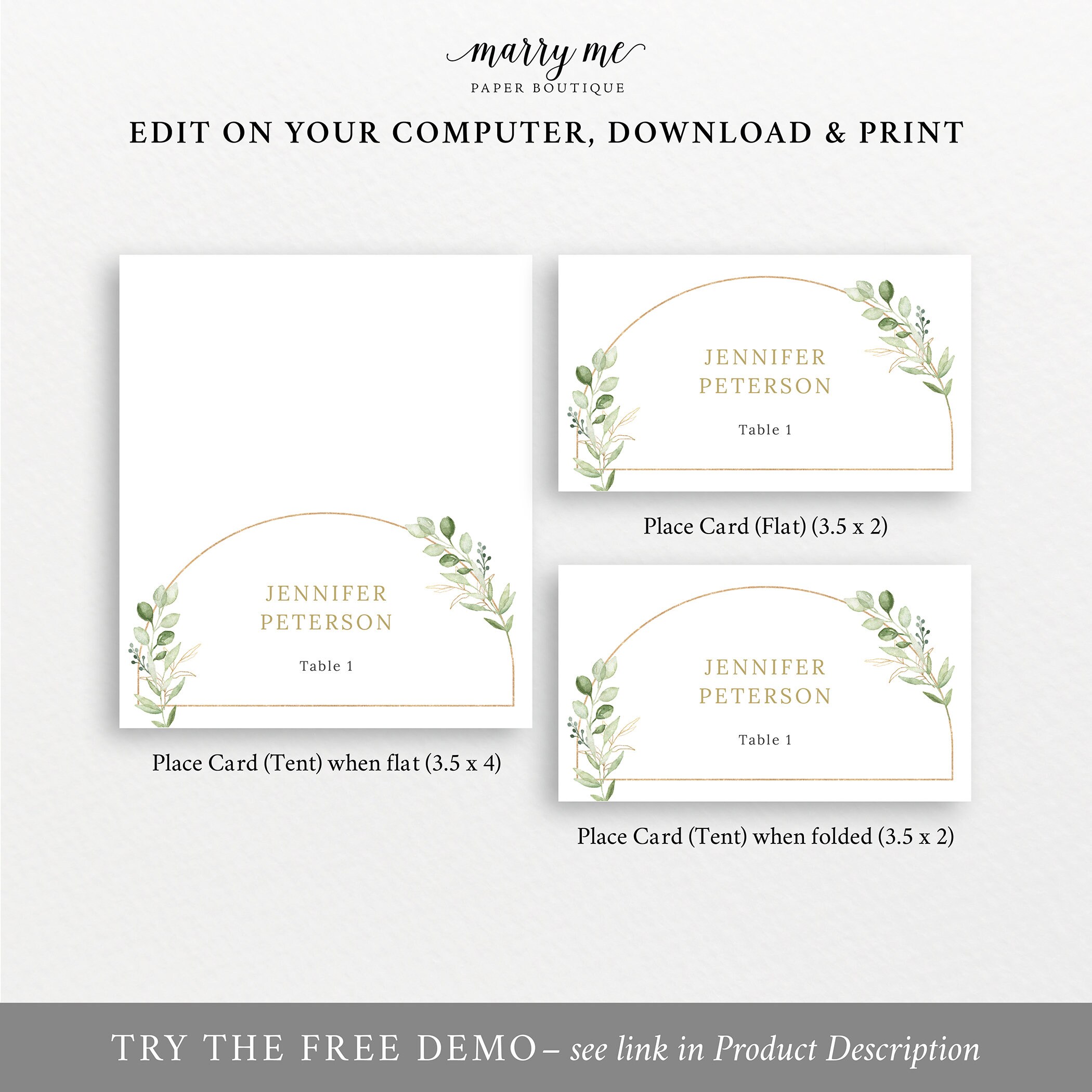 Place Card Template, Greenery Arch, Editable Flat & Tent Place Cards