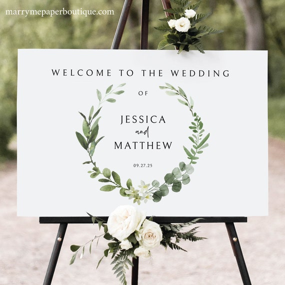 Wedding Welcome Sign Template, Elegant Greenery, Editable, Greenery Welcome to Our Wedding Sign, Templett INSTANT Download, Horizontal