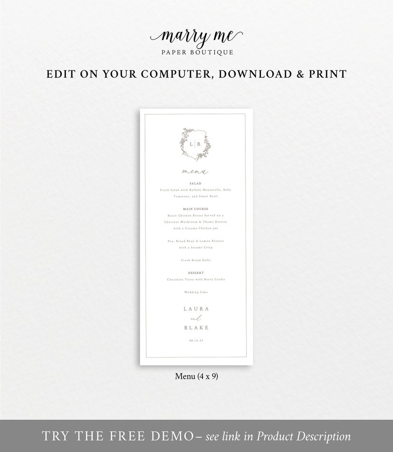 Wedding Menu Template, Botanical Crest, Elegant Wedding Menu, Printable, Templett, Editable, INSTANT Download image 4