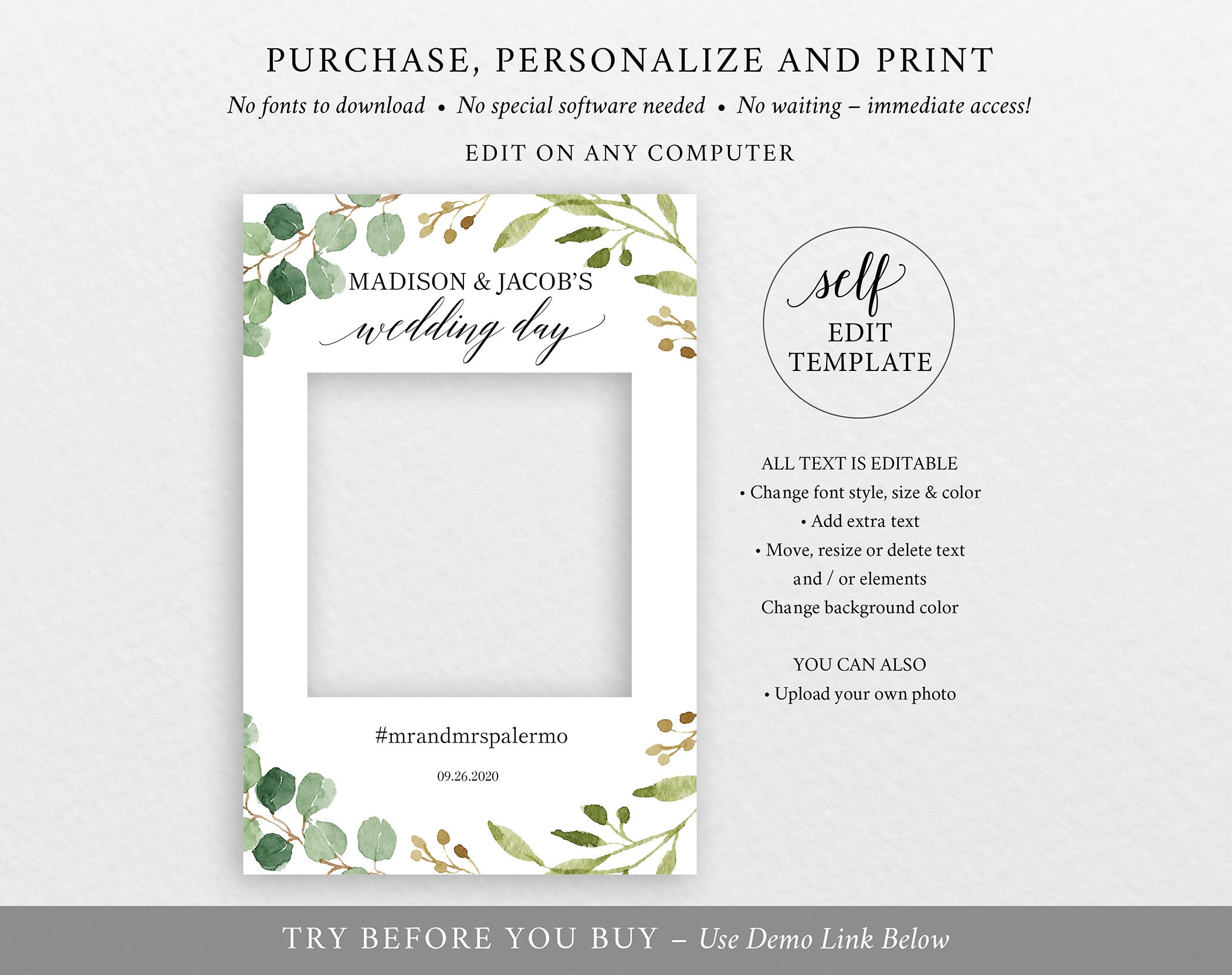 Greenery Wedding Photo Booth Frame Template, Photo Booth