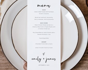 Modern Menu Template, Love Heart Modern Wedding Menu, Editable Wedding Table Menu Card, Printable, Tall Menu, Templett INSTANT Download