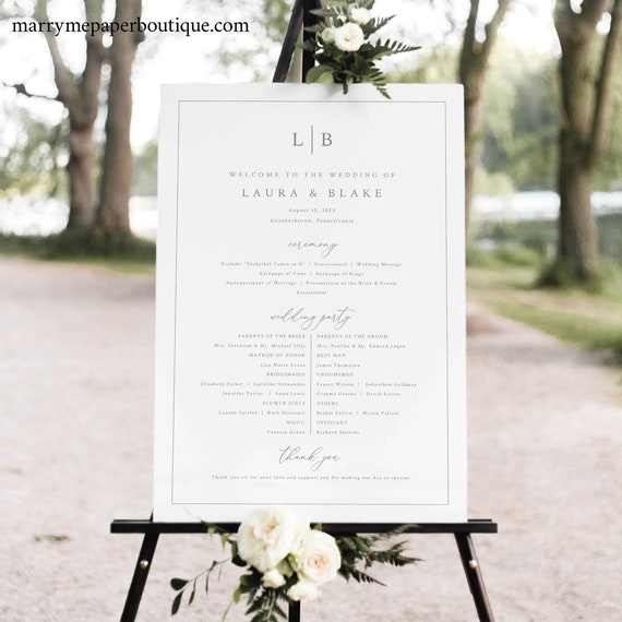 Wedding Program Sign Template, Monogram & Border, Wedding Ceremony Program Sign Printable, Editable Timeline Sign, Templett INSTANT Download
