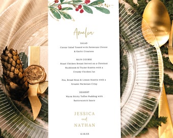 Personalizable Menu Card Template, Green Leaf & Red Berries, Editable, Winter Wedding Menu Cards, 4x9, Printable, Templett INSTANT Download