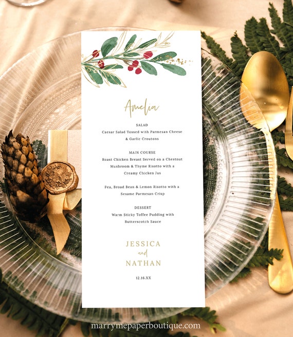 Personalizable Menu Card Template, Green Leaf & Red Berries, Editable, Winter Wedding Menu Cards, 4x9, Printable, Templett INSTANT Download