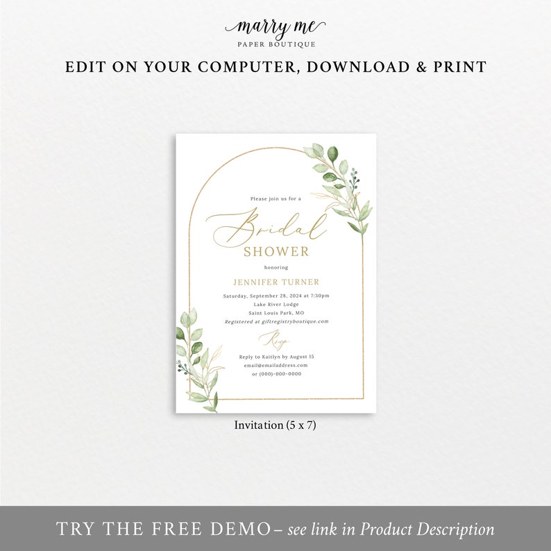 Bridal Shower Invitation Template, Elegant Greenery Arch, Editable Bridal Shower Invitation Card, Printable, Templett INSTANT Download image 4