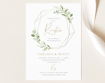 Wedding Reception Invitation Template, Greenery & Gold Geometric, Editable Reception Party Invite, Printable, Templett INSTANT Download