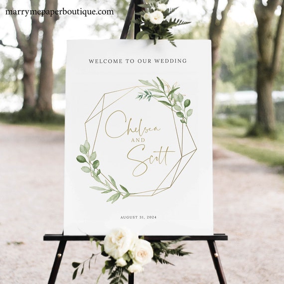 Wedding Welcome Sign Template, Greenery & Gold, Demo Available, Templett, Editable Printable Instant Download