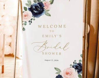 Bridal Shower Welcome Sign Template, Navy & Blush Floral, Bridal Shower Sign, Printable, Templett INSTANT Download, Editable