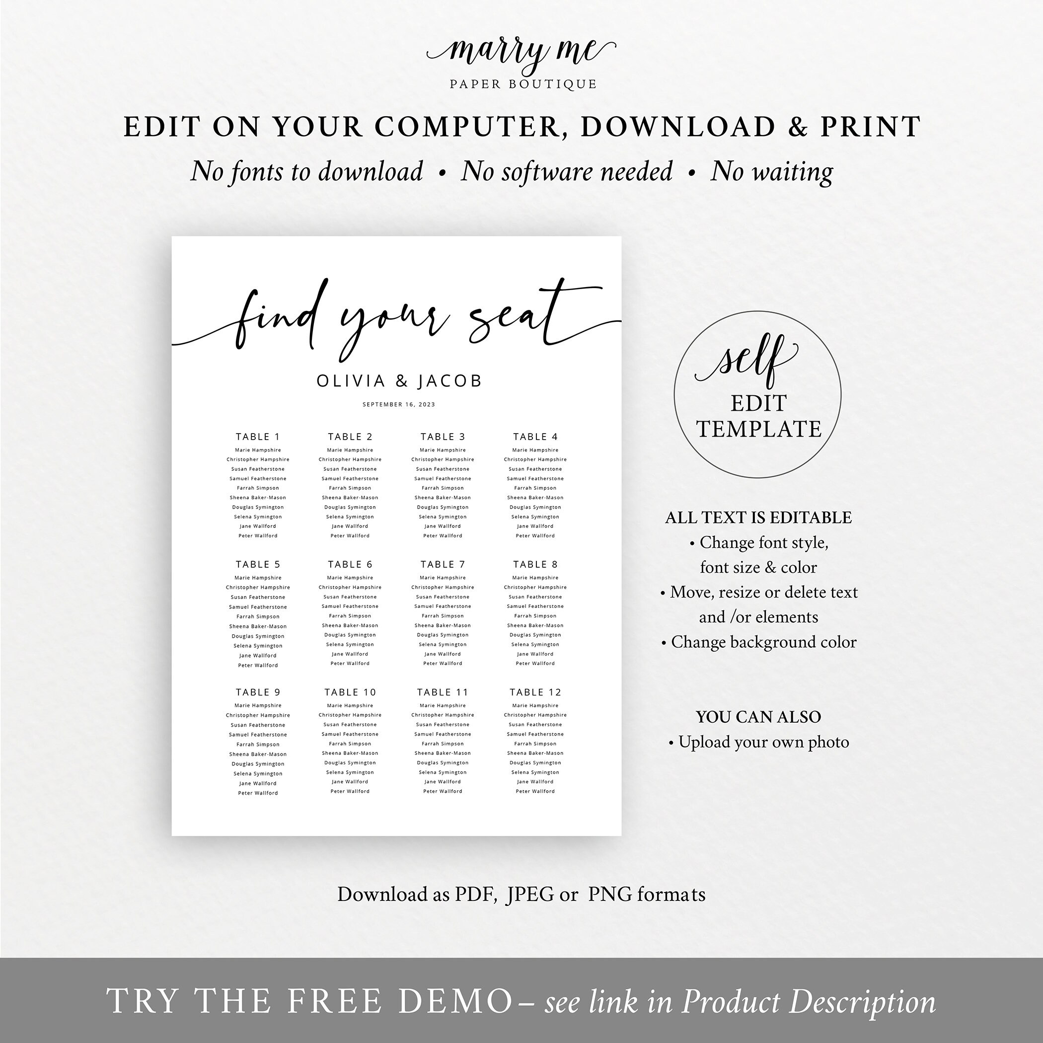 Wedding Seating Plan Template Modern Calligraphy Seating Chart