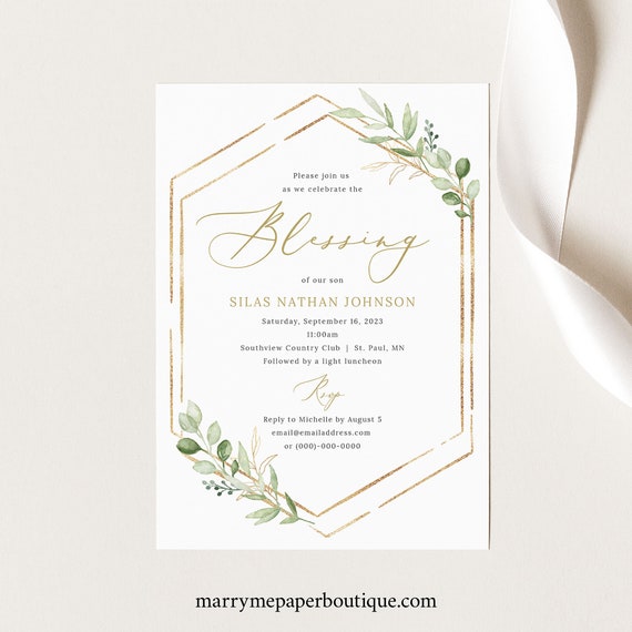 Blessing Ceremony Invitation Template, Greenery Hexagonal, Baby Blessing Invitation Card, Printable, Templett INSTANT Download, Editable