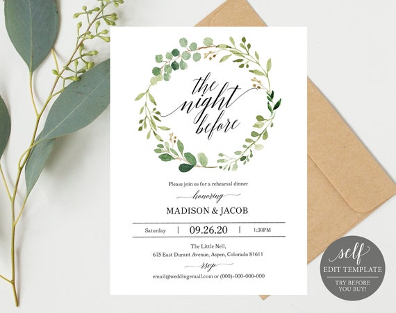 greenery wedding rehearsal dinner invitation printable etsy