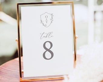 Table Number Sign Template, Elegant Crest & Monogram, Editable Wedding Table Number Template, Printable, 4x6, 5x7, Templett INSTANT Download