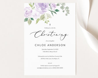 Christening Invitation Template, Mauve & Lilac Floral, Christening Invite Printable, Editable, Templett INSTANT Download