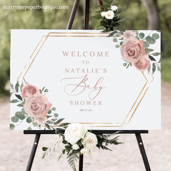 Baby Shower Welcome Sign Template, Dusky Pink Floral, Printable, Pink Baby Shower Sign, Editable, Horizontal, Templett INSTANT Download