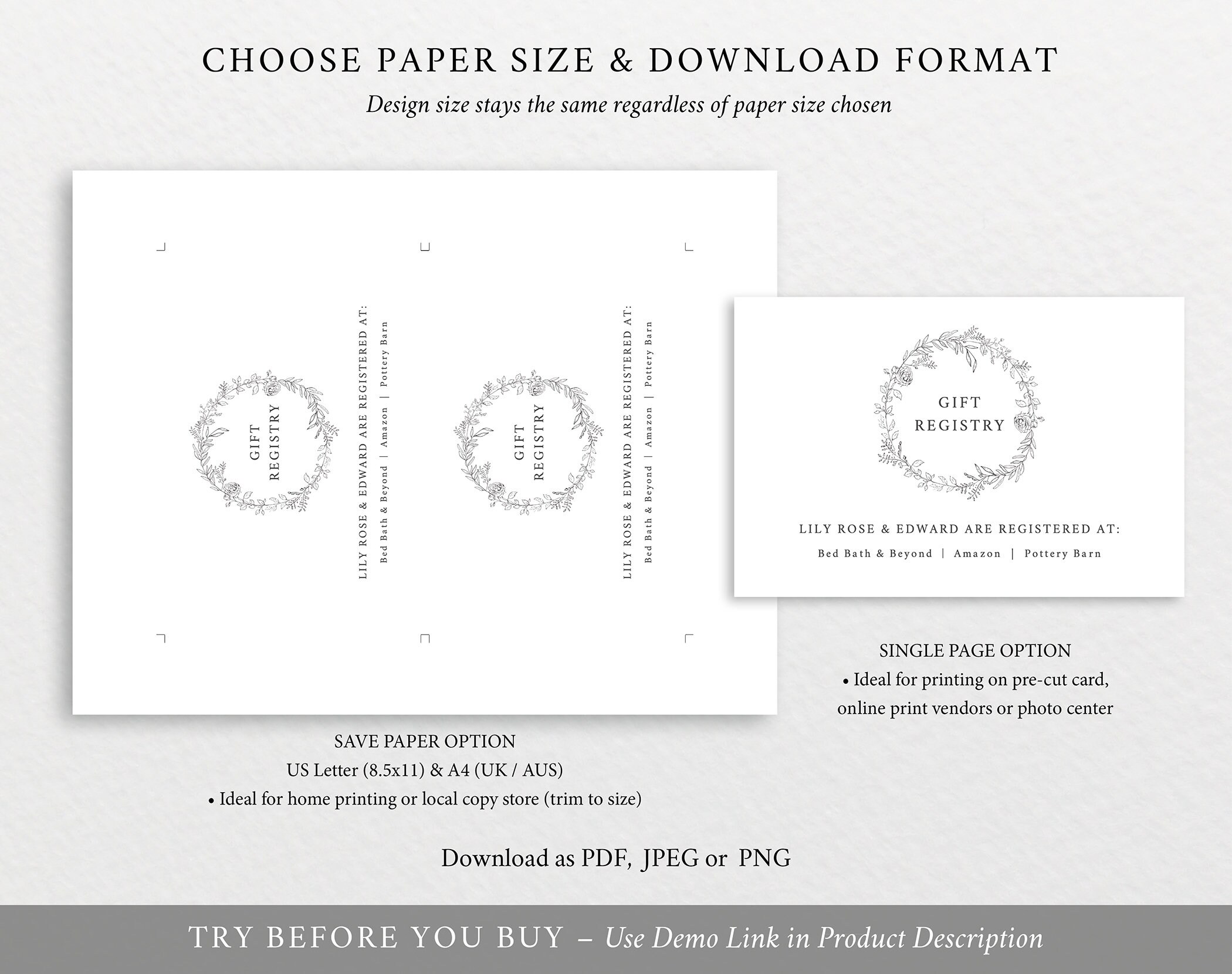 Gift Registry Card Template, Botanical Floral, Templett, Editable &amp; Printable Instant Download