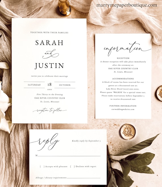 Wedding Invitation Template Set, Classic & Elegant, RSVP Card, Details Card, Editable Wedding Invitation Suite, Templett INSTANT Download