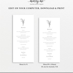 Wedding Menu Template Tall, Modern Rustic Design, Templett Instant Download, Editable Menu Printable, Try Before Purchase image 4