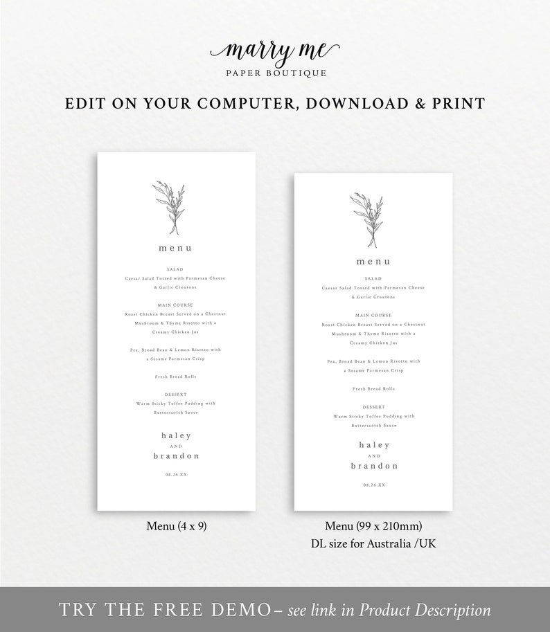 Wedding Menu Template Tall, Modern Rustic Design, Templett Instant Download, Editable Menu Printable, Try Before Purchase image 4