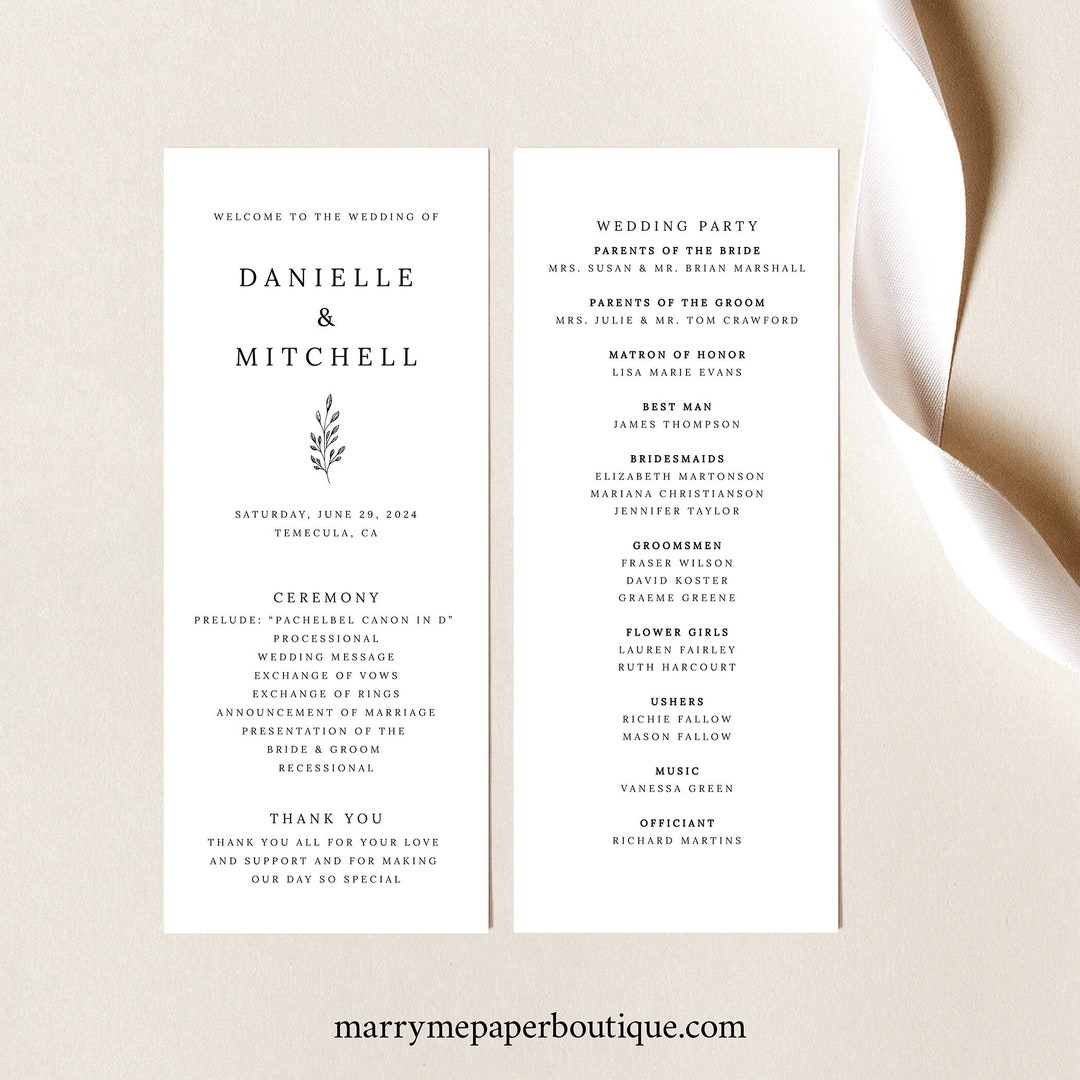 Wedding Program Template, Formal Botanical, Self Edit Instant Download ...