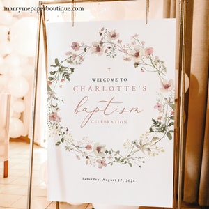Baptism Welcome Sign Template, Rustic Pink Flowers, Welcome To The Baptism Sign, Printable, Pink Sign, Templett INSTANT Download, Editable