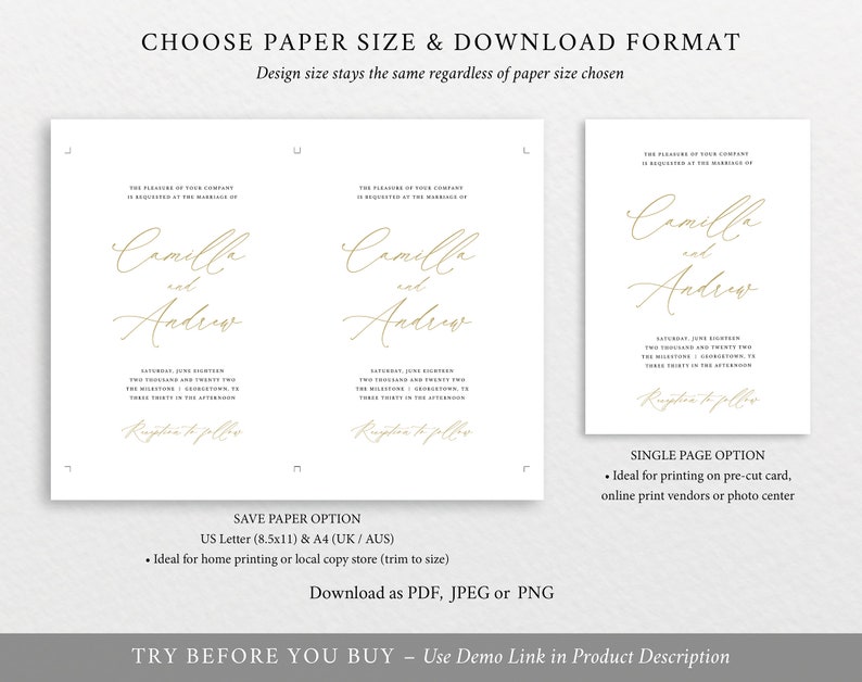 Printable Editable Instant Download Wedding Invitation Templates Stylish Gold Script Free Demo Available