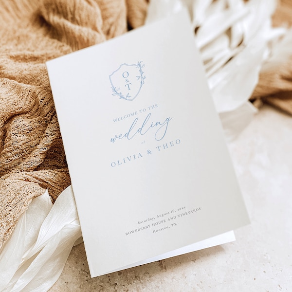 Wedding Program Template, Light Blue Crest & Monogram, Four Page Folding Wedding Program, Printable, Editable, Templett INSTANT Download