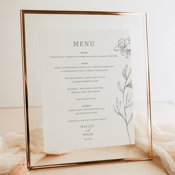 Wedding Menu Template, Elegant Botanical Flower, Editable, 8x10 Menu, Botanic Wedding Table Menu, Printable, Templett INSTANT Download