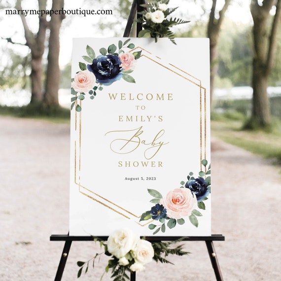 Baby Shower Welcome Sign Template, Navy & Blush Floral, Printable Baby Shower Sign, Editable, Templett INSTANT Download