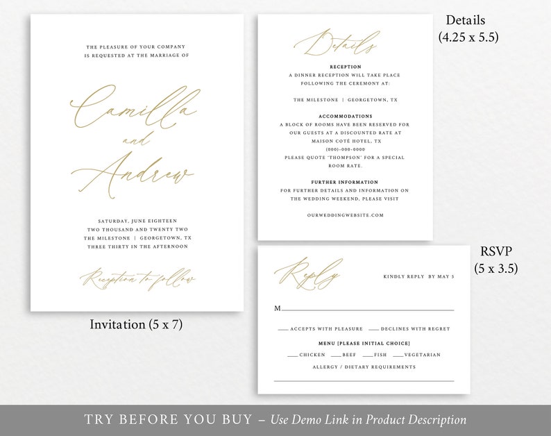 Printable Editable Instant Download Wedding Invitation Templates Stylish Gold Script Free Demo Available