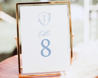 Table Number Sign Template, Light Blue Crest & Monogram, Wedding Table Number Template, 4x6, 5x7, Editable, Templett INSTANT Download