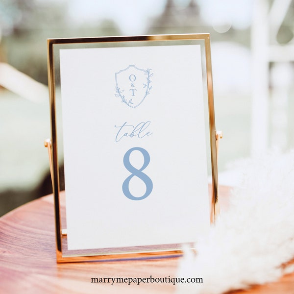 Table Number Sign Template, Light Blue Crest & Monogram, Wedding Table Number Template, 4x6, 5x7, Editable, Templett INSTANT Download