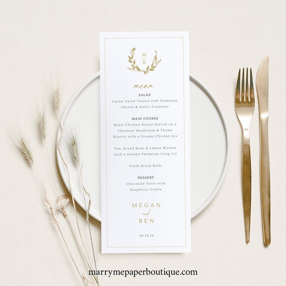 Wedding Menu Template, Gold Wreath Monogram, Gold Wedding Table Menu Card, Printable, Editable, Tall Menu, Templett INSTANT Download