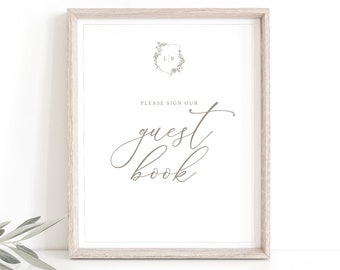 Guest Book Sign Template, Botanical Crest, Please Sign Our Guestbook Sign, Printable, Editable, Wedding Crest, Templett INSTANT Download