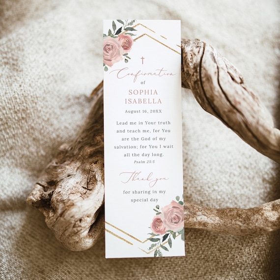 Confirmation Bookmark Template, Dusky Pink Floral, Editable Text, Pink Confirmation Ceremony Bookmark, 2x6, Templett INSTANT Download