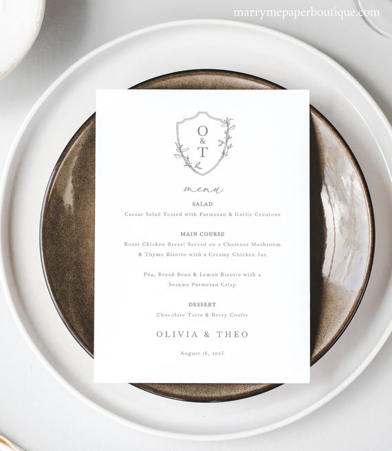 Wedding Menu Template, Elegant Crest & Monogram, Wedding Table Menu Card, Printable, Editable, 5x7 Menu, Templett INSTANT Download