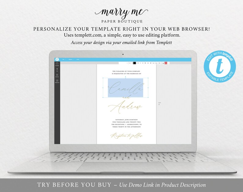 Printable Editable Instant Download Wedding Invitation Templates Stylish Gold Script Free Demo Available