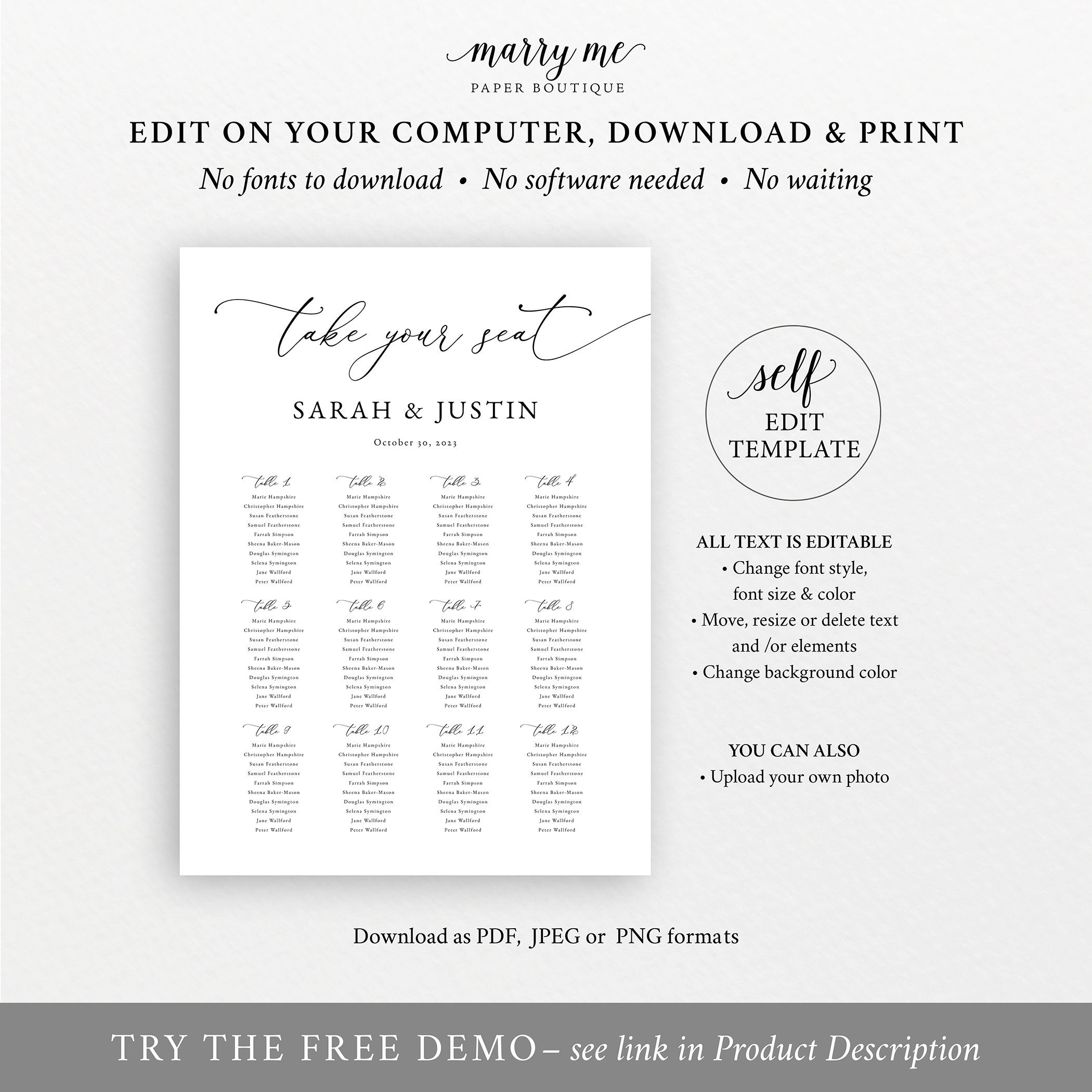 Classic Wedding Seating Chart Template, Elegant Wedding Seating Plan