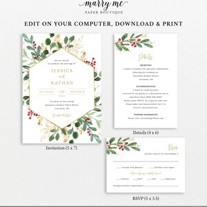 Winter Berry Invitation Template Set, Christmas Wedding Invitation Printable, Details & RSVP, Editable Templett, Instant Download image 5