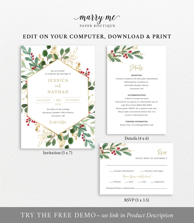 Winter Berry Invitation Template Set, Christmas Wedding Invitation Printable, Details & RSVP, Editable Templett, Instant Download image 5