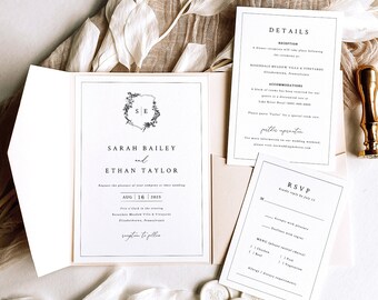 Wedding Invitation Template Set, Pocketfold Design, Minimalist Wedding Crest, Editable, Wedding Invite, Printable, Templett INSTANT Download