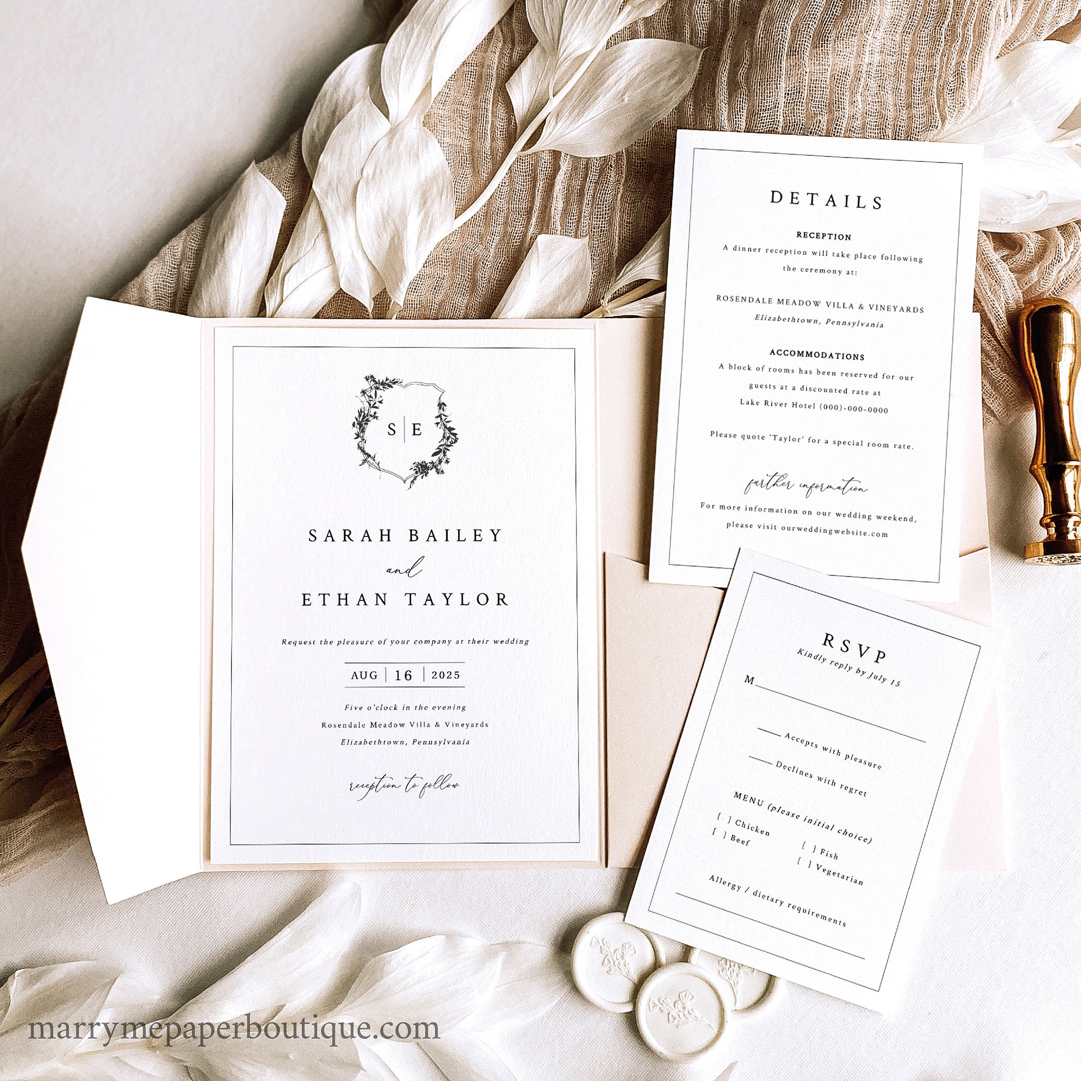 Wedding Invitation Template Set, Pocketfold Design, Minimalist Wedding